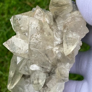 Puede incluir: Un grupo de cristales de calcita transparentes y translúcidos con un ligero tono amarillo. Los cristales están dispuestos en un patrón aleatorio y orgánico, creando una exhibición única e interesante.