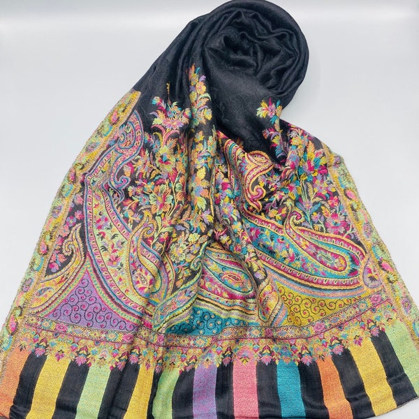 Black Kashmiri Kani Shawl Winter Wrap, Kani Embroidery on Borders Kani Silk Shawl/Dupatta ,Wedding Wrap, Scarf,