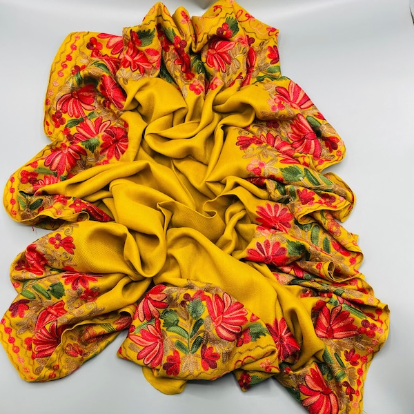Hand Embroidered Scarf, Lightweight Scarves & Wraps for Women, Mustard Scarf for Women, Floral Embroidered Wrap, Mother's Day Gift