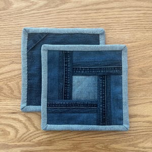 Pot Holders | Hot Pads | Trivet | Set of 2 | Upcycled Blue Denim | 7 inch square | Rustic | Farmhouse | Textile Art