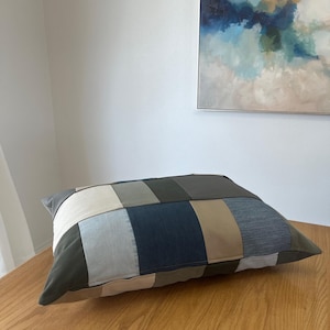 Dog Bed Cover | Upcycled Denim and Twill Fabrics | Double Sided | Cover Fits Standard Bed Pillow | Patchwork | Neutral Multi Color