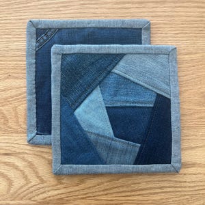 Pot Holders | Hot Pads | Trivet | Set of 2 | Upcycled Blue Denim | 7 inch square | Modern | Textile Art