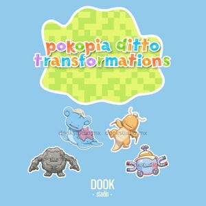 Könnte beinhalten: Hellblauer Hintergrund mit dem Text "pokopia ditto transformations" über vier Cartoon-Charakter-Aufklebern. Die Aufkleber zeigen eine blaue Kreatur, eine orangefarbene Kreatur, eine graue Felsenkreatur und eine roboterartige Kreatur.