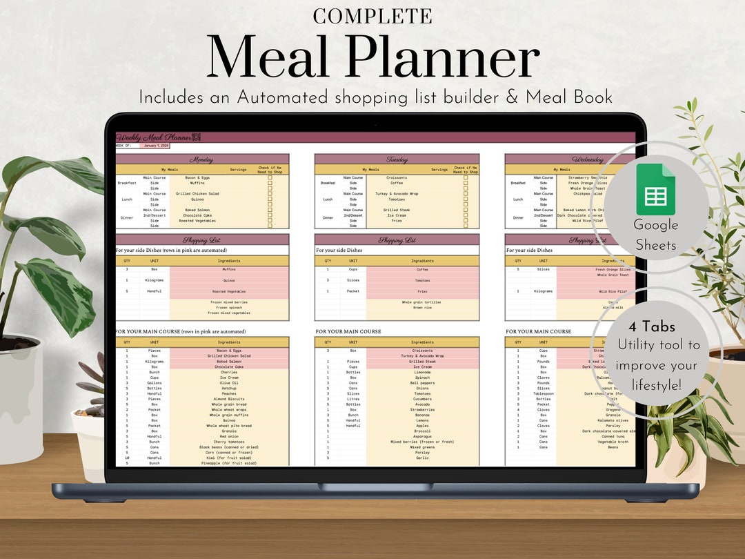 Weekly Meal Planner and Grocery List Google Sheets Digital Template ...