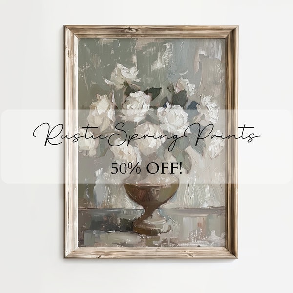 Neutral Still Life Kitchen Painting, Vintage Farmhouse Decor, Antique Rustic Wall Art, Still Life Roses Print, Downloadable Print