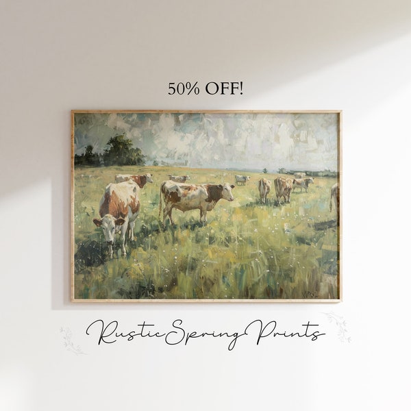 Vintage Spring Cows Oil Painting, Rustic Spring Landscape Wall Art, Digital Download, Spring Easter Farmhouse Decor, Downloadable Prints