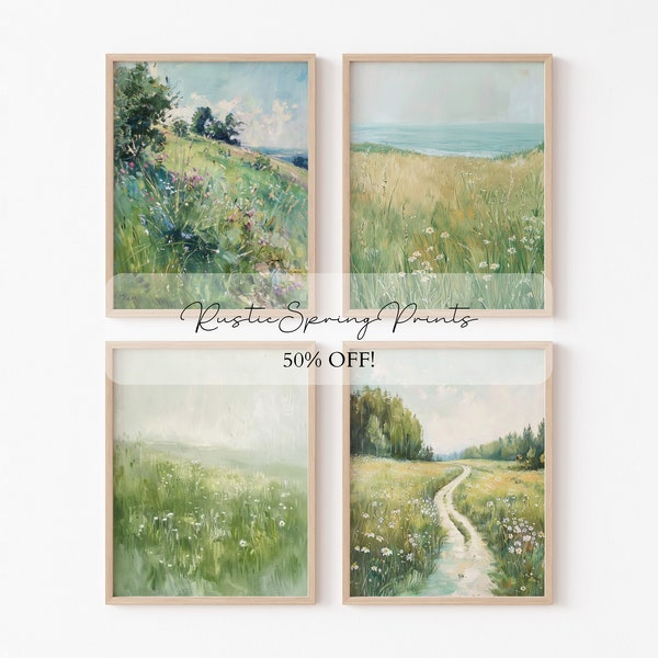 Vintage Spring Landscape Oil Painting Set of 4, Spring Downloadable Print, Farmhouse Decor, Cottage core, Gallery Set, Digital Download