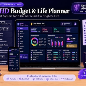 May include: A digital ADHD Budget & Life Planner displayed on a laptop and smartphone screen. The interface features dark purple themes with charts, habit trackers, and financial summaries. A purple mug with the text Small Steps. Big Changes. sits nearby.