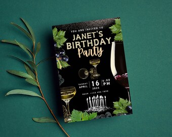 May include: Black invitation with gold text for Janet's Birthday Party. The invitation features grapes, wine glasses, and candles. The date is Sunday, 16 April 2024 at 6:00 PM. RSVP: +123 456 7890