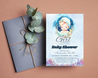 Purple Wildflowers Baby Sprinkle Invitation Girl, Pink Floral Baby Sprinkle Invitation, Editable Blue themed Baby Shower Invitation
