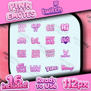 Op de afbeelding: Een set van 16 roze en paarse Twitch-emotes met tekst zoals "200 IQ", "Clip It", "GG!", "Hype", "LOL", "Not Bad", "Raid!", "Stay Toxic", "Sub Hype", "Thank You!", "W Stream!", "We Love You!", "Wow", "Yikes", en "Mommy?". De emotes zijn 112 pixels groot en klaar voor gebruik.