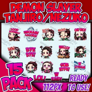 Puede incluir: Un paquete de 15 pegatinas digitales con personajes de Demon Slayer: Tanjiro y Nezuko. Cada pegatina tiene una expresión o frase única, con texto como "¡Hola!" y "¡Wow!". Las pegatinas están listas para usar.