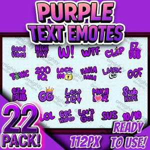 22 Pack PURPLE Text Emotes, Twitch emotes, text, purple, cute, sub emotes, youtube, kick, discord, cute emotes, discord, Ready to use, 112px