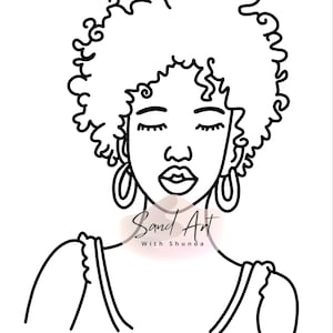May include: A black and white line art illustration of a person with curly hair, hoop earrings, and closed eyes. The text Sand Art With Shunda is printed in black over a soft pink circular shape located at the base of the neck area of the drawing.