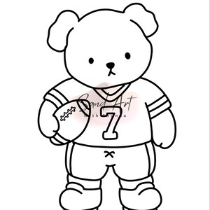 May include: A black and white line art illustration of a teddy bear wearing a football jersey with the number 7 on the chest, football pants, and cleats. The bear is holding a football under one arm. A faint watermark reads Sand Art.