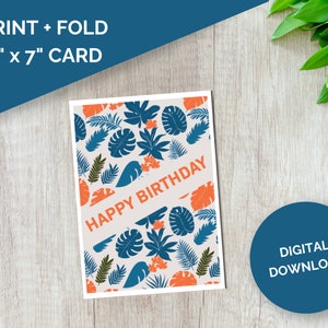 Cartão de feliz aniversário tropical azul para impressão 5"x7"
