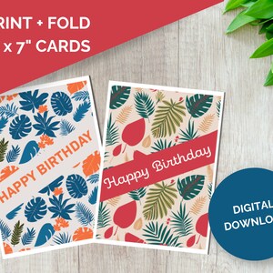 Cartões de feliz aniversário tropicais azuis e vermelhos para impressão 5"x7" - PACOTE