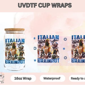 May include: A clear glass cup with a bamboo lid and a wrap featuring a cartoon monkey and other characters. The word "ITALIAN" is in blue, and "BRAINROT" is below. The image also shows a wrap design.
