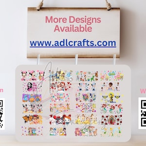 May include: A collage of colorful images featuring various cartoon characters, including Disney princesses, superheroes, and other popular figures. The images are arranged in a grid pattern on a white background. The text "More Designs Available" and "www.adlcrafts.com" is displayed at the top of the image. QR codes for Instagram and the website are also included.