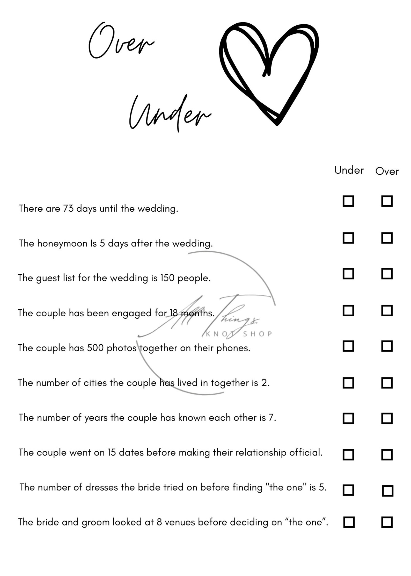 Over Under Bridal Shower Game, Engagement Party, Wedding Game Modern ...