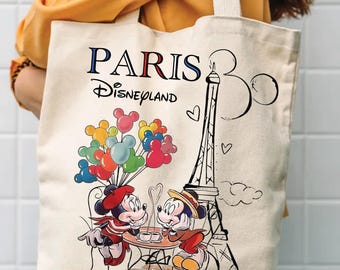 Paris Disneyland Tote Bag – Mickey Minnie Eiffel Tower Cotton Canvas Reusable Bag