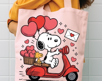Peanuts Snoopy Valentine Tote Bag, Cute Cartoon Dog Love Canvas Tote, Reusable Shopping Bag, Valentine’s Day Gift