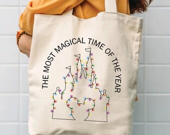 Mickey Friends Holiday Tote Bag, Festive Castle Print (15x16in)