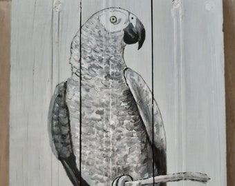 Gabungrau - Papageien-Acrylgemälde auf recyceltem Holz