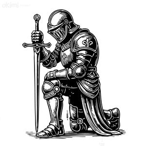 May include: Black and white illustration of a kneeling knight in full armor, holding a sword. The knight is wearing a helmet and detailed plate armor. The text "this is a DIGITAL PRODUCT" is at the bottom.