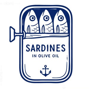 以下が含まれることがあります： イワシの缶詰のネイビーブルーのイラスト。缶には、アンカーシンボルとともに「Sardines in Olive Oil」と書かれています。缶には3匹の魚が入っています。「this is a DIGITAL PRODUCT」というテキストが一番下にあります。