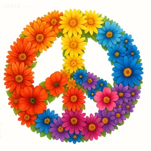 Può includere: Un vivace simbolo della pace composto da fiori colorati in un gradiente arcobaleno. I fiori, che vanno dall'arancione al viola, sono disposti a formare l'iconico simbolo della pace. L'immagine include il testo "DIGITAL PRODUCT" e dettagli sullo sfondo e sulla risoluzione.
