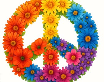 Könnte beinhalten: Ein lebendiges Friedenszeichen, das aus bunten Blumen in einem Regenbogenverlauf besteht. Die Blumen, von Orange bis Lila, sind so angeordnet, dass sie das ikonische Friedenssymbol bilden. Das Bild enthält den Text "DIGITAL PRODUCT" und Details zu Hintergrund und Auflösung.