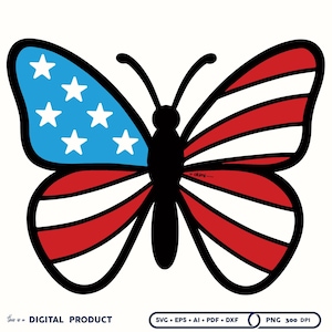 Pode incluir: Ilustração digital de uma borboleta com um design patriótico. Uma asa apresenta uma seção azul com estrelas brancas, a outra listras vermelhas e brancas. A borboleta tem um contorno e corpo pretos. O texto "DIGITAL PRODUCT" está na parte inferior.