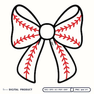 May include: A white bow illustration with black outlines and red baseball stitching details. The text "this is a DIGITAL PRODUCT" is at the bottom left. The image also includes file type information: SVG, EPS, AI, PDF, DXF, and PNG.