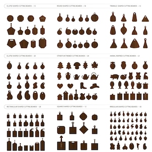 Puede incluir: Una colecci&oacute;n de tablas de cortar de madera en varias formas y tama&ntilde;os, incluyendo elipse, redondas, triangulares y formas irregulares. Algunas tablas presentan temas divertidos como animales y naturaleza. El texto de la imagen dice "Ellipse Shaped Cutting Boards", "Round Shaped Cutting Boards", y m&aacute;s.