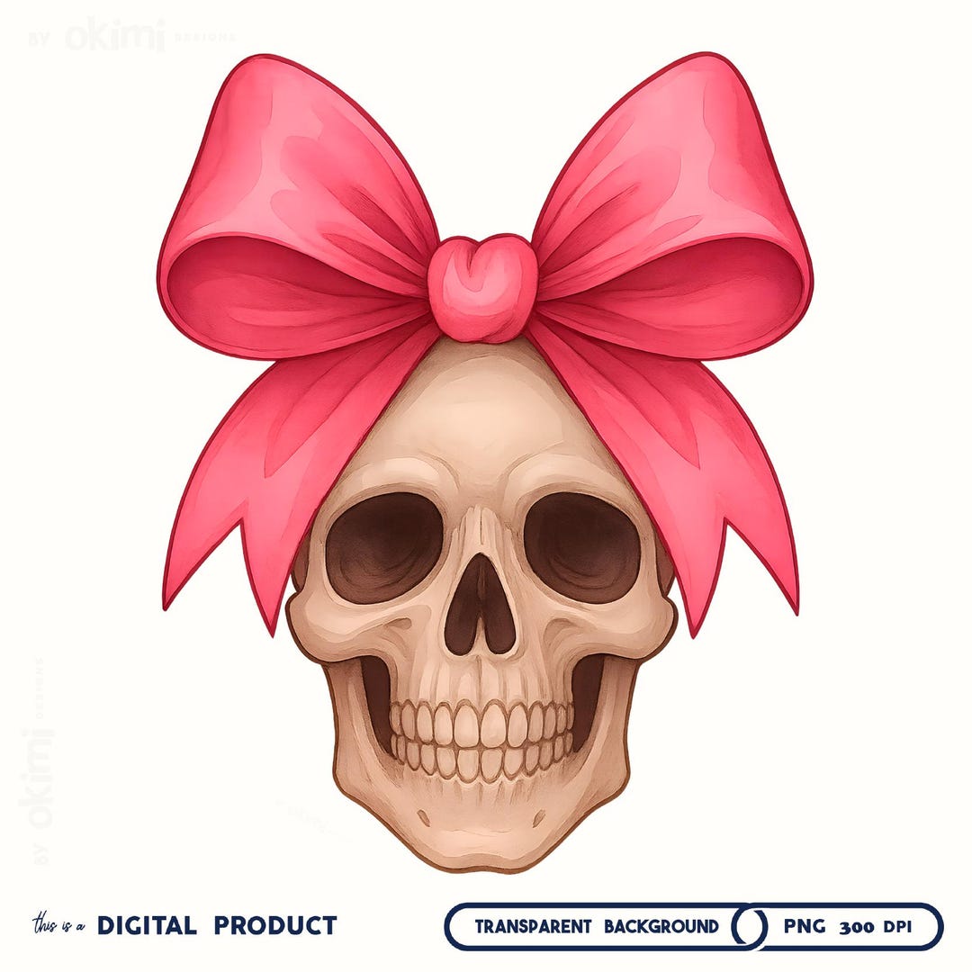 Skull With Pink Bow Clipart – Cute Gothic PNG for Sublimation