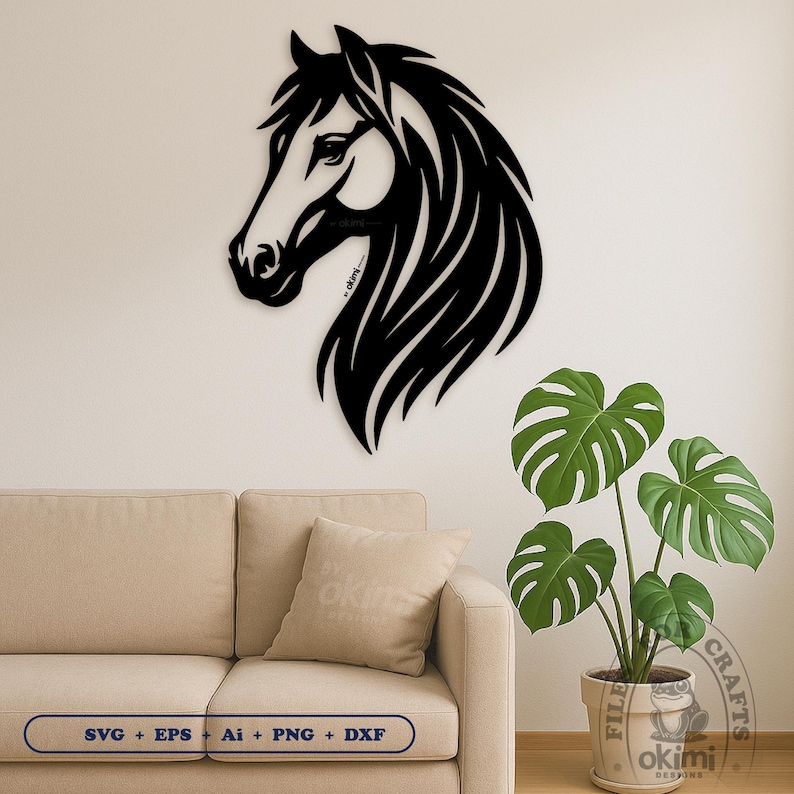 Preview for Horse Head Wall art Decor Design File for Laser Cutting, in the image the horse is visible on a wall next to a couch and a monstera plant
