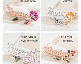 Personalized Name Birth Flower Necklace | Birth Flower Pendant Necklace | Custom Name Necklace | Birth Flower Jewelry | Dainty Necklace