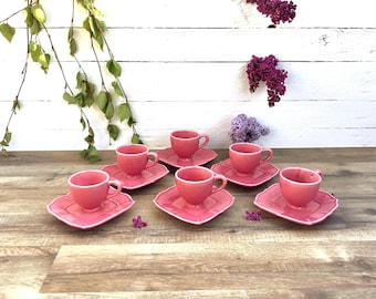 Vintage coffee set in old pink ceramic from France, retro coffee set, antique coffee set, colorful kitchen decoration, old pink