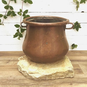 Peut inclure: Un chaudron en cuivre vintage avec deux poignées latérales, posé sur une pierre de couleur claire. Le chaudron a un corps arrondi et un large bord. Des feuilles et des vignes vertes sont en arrière-plan, contre un mur en bois blanc.