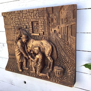 Carved wooden painting &quot;Maréchal Ferrant&quot;, signed C.A MORAND of France / antique painting / relief painting / vintage painting / farm painting