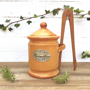 Tarro de pepinillos francés antiguo con pinzas, tarro de pepinillos vintage, decoración de cocina vintage, decoración rústica, decoración de cocina colorida, pepinillos