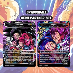 Set de cartas proxy de Dragon Ball MTG: Cartas de Son Goku y Vegeta de arte completo (Tymna la Tejedora, Kraum, Opus de Ludevic)