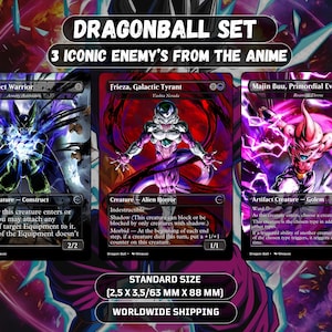 Set de cartas proxy de Wicked Villains MTG: 3 cartas inspiradas en Dragon Ball (Freezer, Cell, Kid Buu)