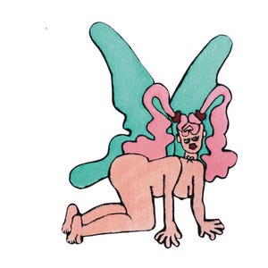 May include: Watercolor illustration of a fairy with pink hair, teal wings, and a nude-colored body. The fairy is kneeling with her hands and feet on the ground. Her hair is styled in long pigtails with heart-shaped accents.