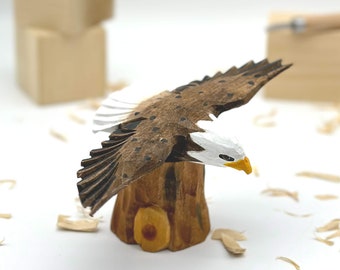 Hand-Carved Bald Eagle with Gifted Stand | Majestic Wooden Bird of Prey | Artisan Eagle Home Decor | Patriotic Nature Collectible