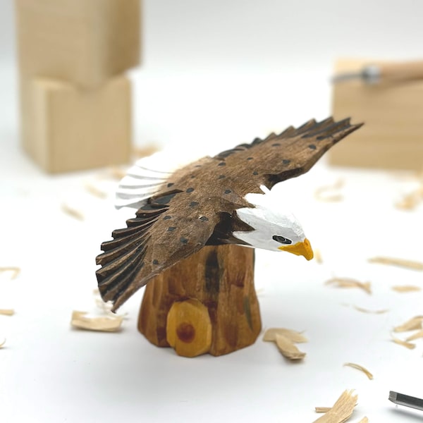 Hand-Carved Bald Eagle with Gifted Stand | Majestic Wooden Bird of Prey | Artisan Eagle Home Decor | Patriotic Nature Collectible