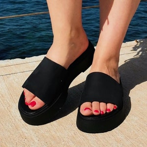 Black leather Slide Sandals|  Minimalist Sandals For Women| Nubuck Leather Platform Sandals for Every Summer Occasion