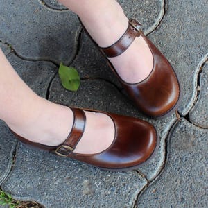 May include: A pair of brown leather shoes with a buckle strap. The shoes have a rounded toe and a low heel.