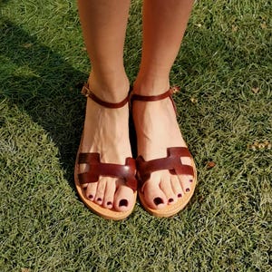 Orange Leather Ankle Strap Sandals: Minimalist Greek Holiday Shoes